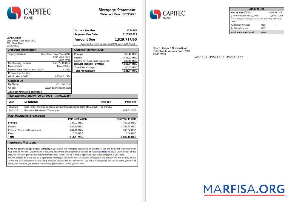 Blank South Africa Capitec bank mortgage statement in Word and PDF formats sample